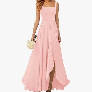Women's Chiffon Ruffle Formal Evening Dress with Square Neck and Slit